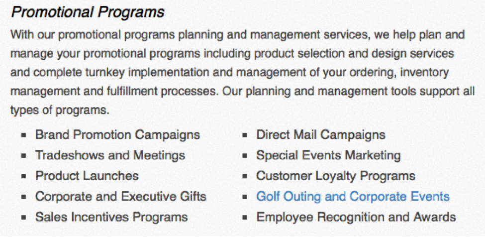 Promotional Programs: Brand Promotion, Tradeshows, Corporate Gifts, Golf Outing 