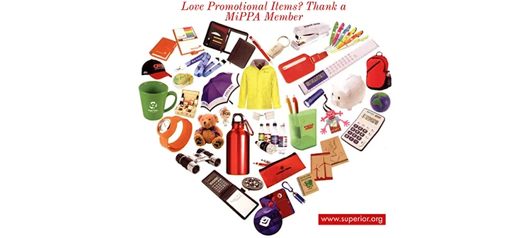 Promotional items arranged in the shape of a heart