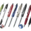 an assortment of custom promotional pens with imprinted logos