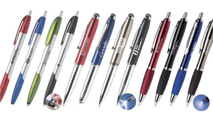 an assortment of custom promotional pens with imprinted logos