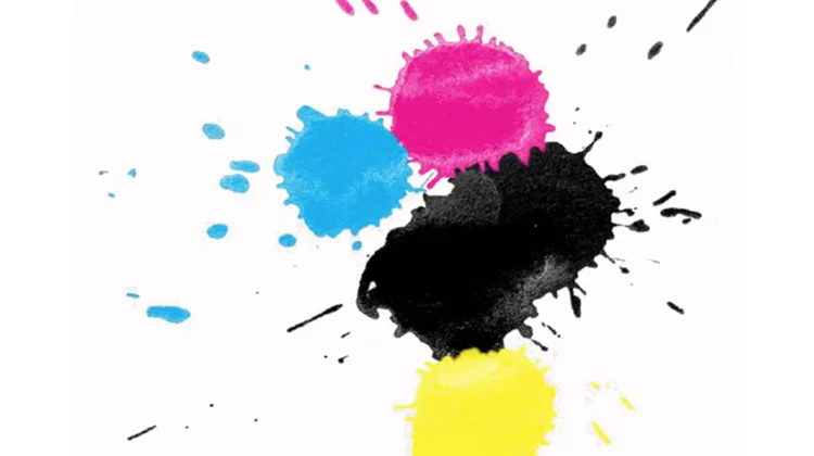Ink splatters of cyan, magenta, yellow, and black