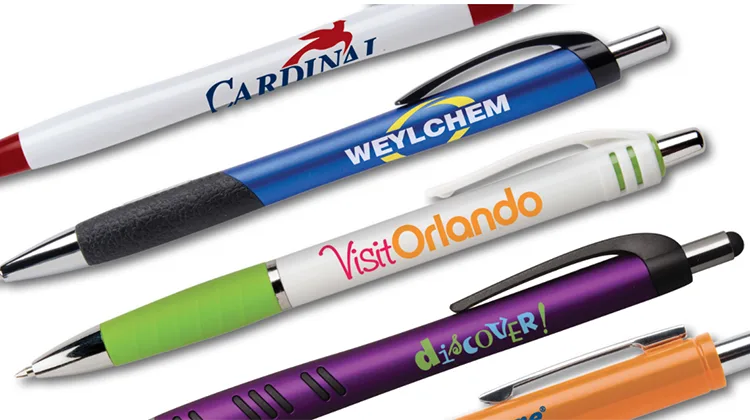 Promotional pens with them printed logos in a variety of colors