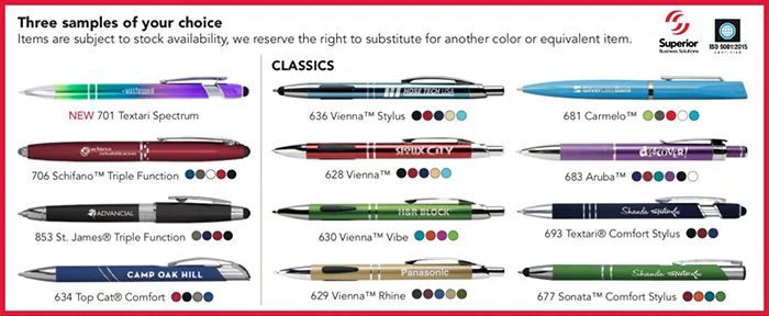 Color selection and styles of custom promotional pens