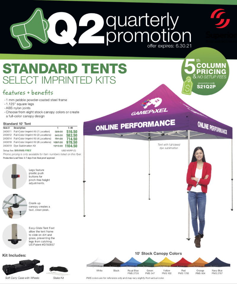 standard tents and select imprinted tents fifth column pricing with NO setup fees